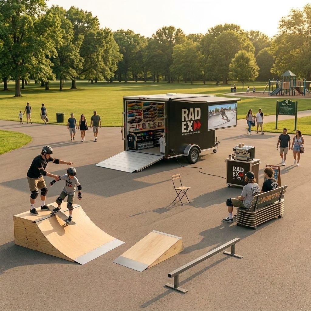 Concept image: the Radex trailer opened up beside portable ramps in a park, with a coach helping a young skater