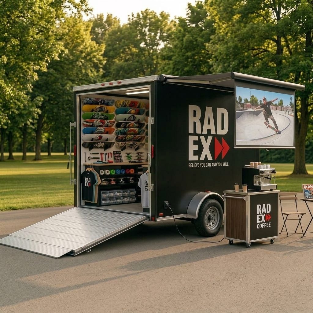 Concept image: the Radex trailer with its side open, showing skateboards and safety gear for sale